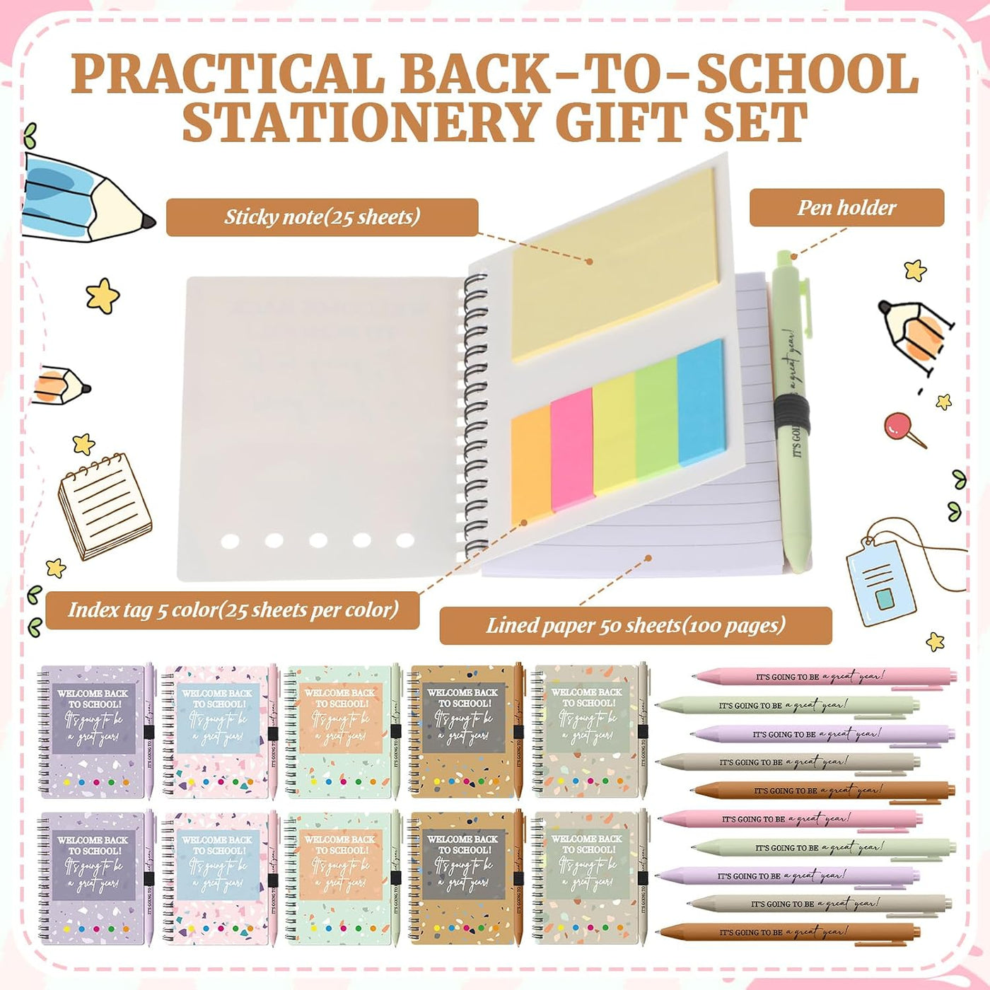 Dunzoom 40 Pcs Welcome Back to School Gifts Bulk Spiral Notebooks with Sticky Notes Motivational Pens First Day of School Notepads Party Favor for Teacher Student Classroom(Terrazzo Tones,Multicolor)