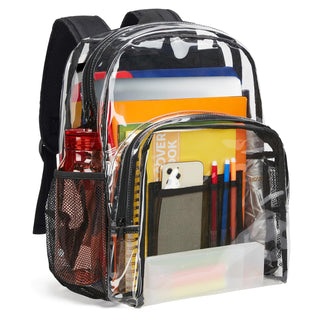 Vorspack Clear Backpack Heavy Duty PVC Transparent Backpack with Reinforced Strap Stitches & Large Capacity for College Workplace Security - Black