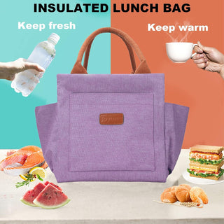 Joymee Lunch Bag Women, Reusable Leakproof Insulated Lunch Box- Purple | Large Capacity, Bottle Holder & Side Pockets, Leakproof Insulated Design, for Work, Travel, Picnic, for Adult