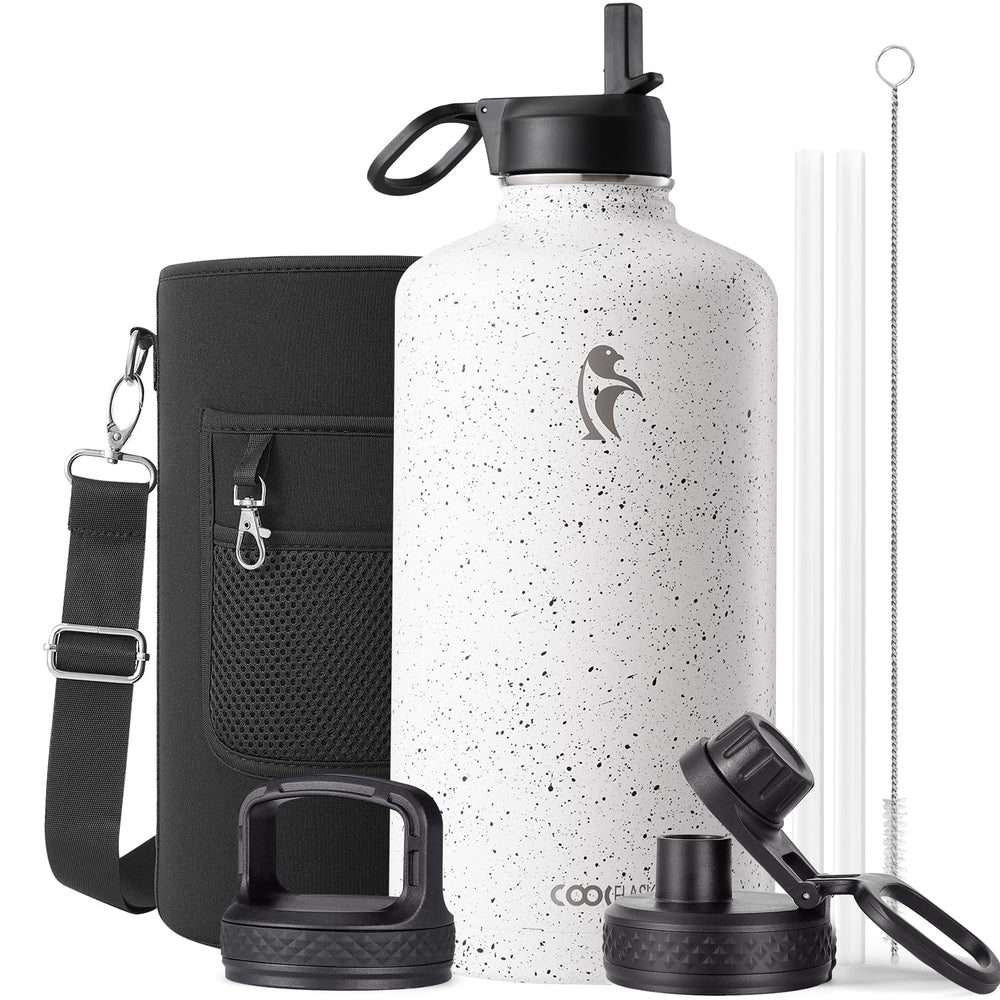 Water Bottle 40 oz Insulated with Straw&Brush, Coolflask Vaccum Stainless Steel Metal 3 Lids Water Flask for Sports, Gym or Office, Keep Cold 48H Hot 24H, Magic Black