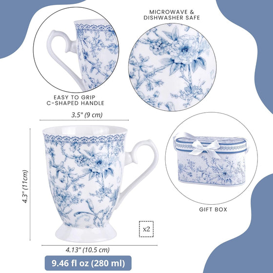 STP GOODS Blue Flowers Bone China Tea/Coffee Mug Set of 2 in Gift Box - hover image
