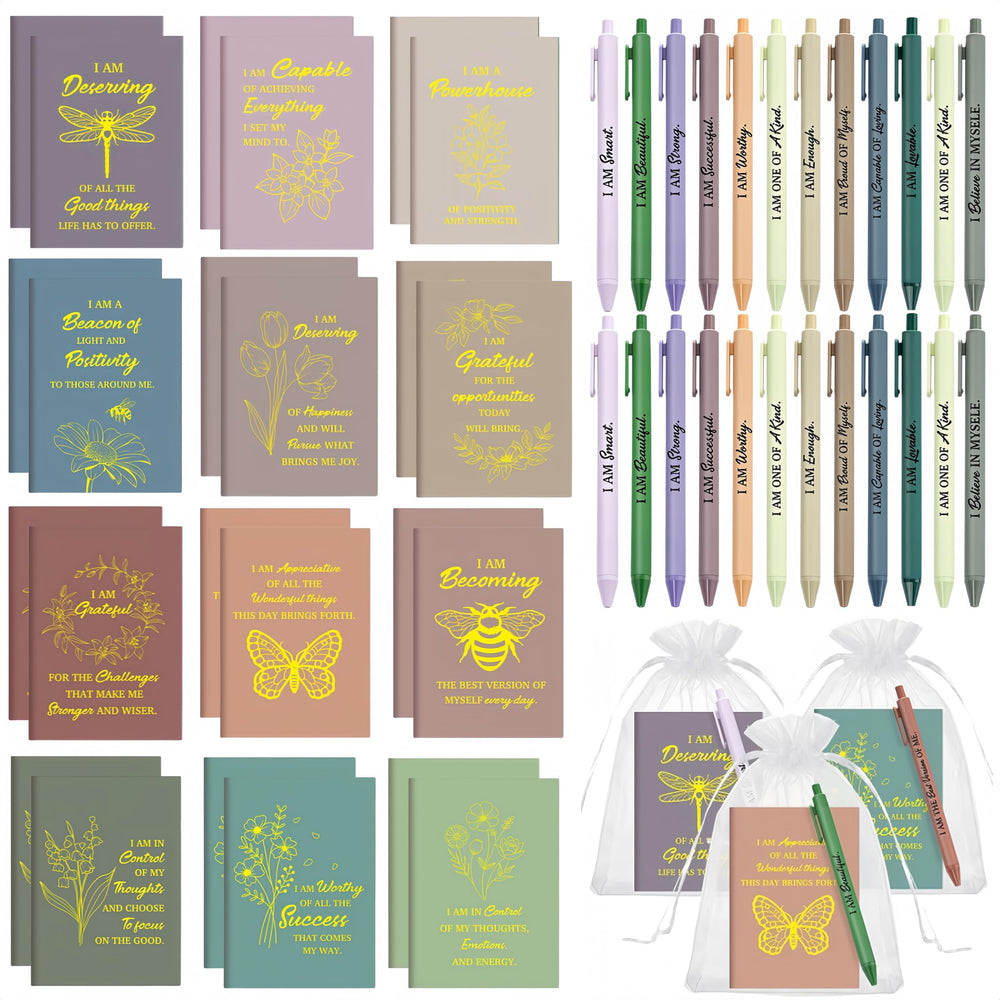 Mooliwe 24 Pcs Positive Affirmation Gift Set Gratitude Notebooks with Pens Small Bags Motivational Encouragement Notepads Daily Affirmations Journal for Women Stress Relief Self Care (Watercolor)