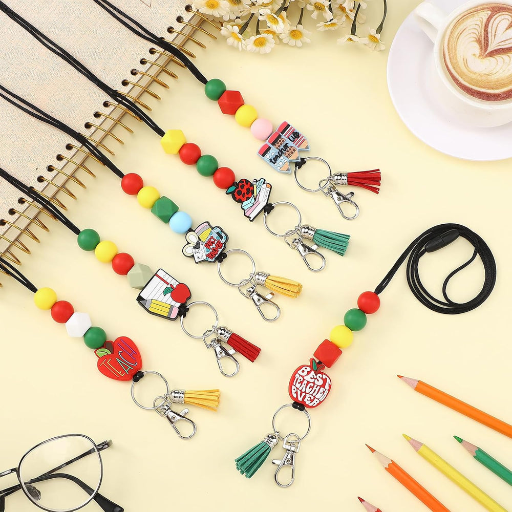 Misdary 6 Pcs Teacher Lanyards Cute Beaded Breakaway Clasp Retractable Badge Reel Lanyard Teacher Gift for ID Badges Holder Christmas Keychain Women(Apple Theme)