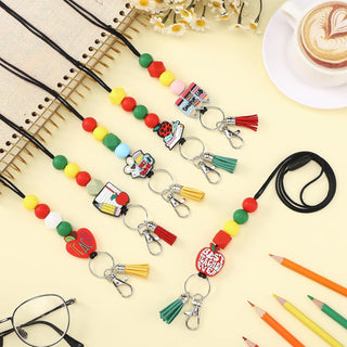 Misdary 6 Pcs Teacher Lanyards Cute Beaded Breakaway Clasp Retractable Badge Reel Lanyard Teacher Gift for ID Badges Holder Christmas Keychain Women(Apple Theme)