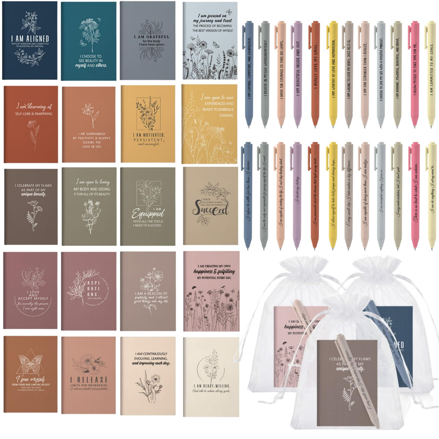 Mooliwe 24 Pcs Positive Affirmation Gift Set Gratitude Notebooks with Pens Small Bags Motivational Encouragement Notepads Daily Affirmations Journal for Women Stress Relief Self Care (Watercolor)