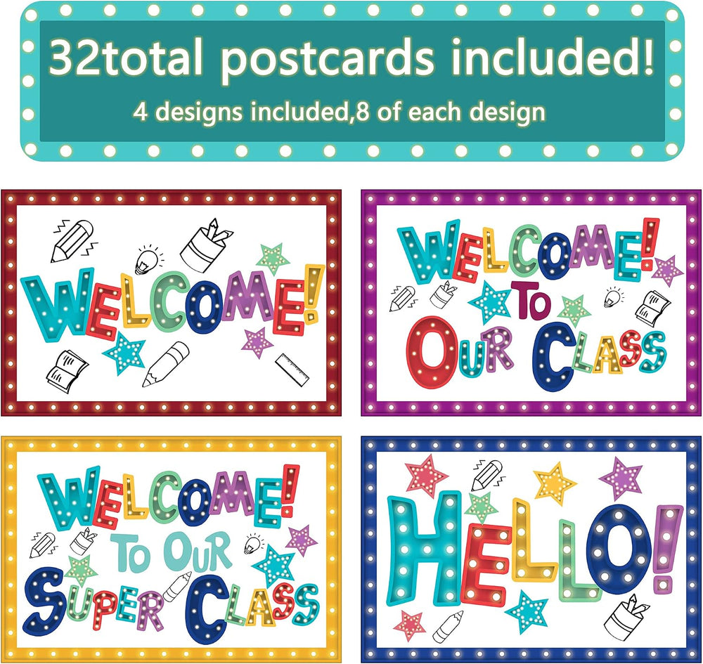 codree 32 Pieces Marquee Welcome Postcards, 4 x 6 Inch Welcome to Our Class Theme Postcard Welcomes Greeting Cards Encouragement Note Cards Teacher Postcards for Kids, 4 Designs
