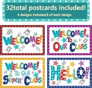 codree 32 Pieces Marquee Welcome Postcards, 4 x 6 Inch Welcome to Our Class Theme Postcard Welcomes Greeting Cards Encouragement Note Cards Teacher Postcards for Kids, 4 Designs