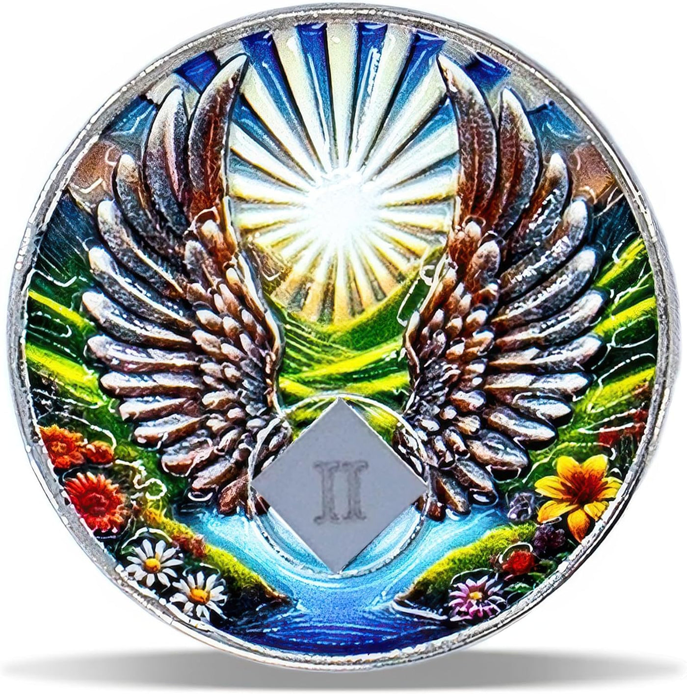 2 Year Angel Wings Sobriety Coin – Radiant Sunrise NA Medallion – Spiritual Token for Recovery & Clean Time – Empowering NA AA Chips – Gift for Men & Women