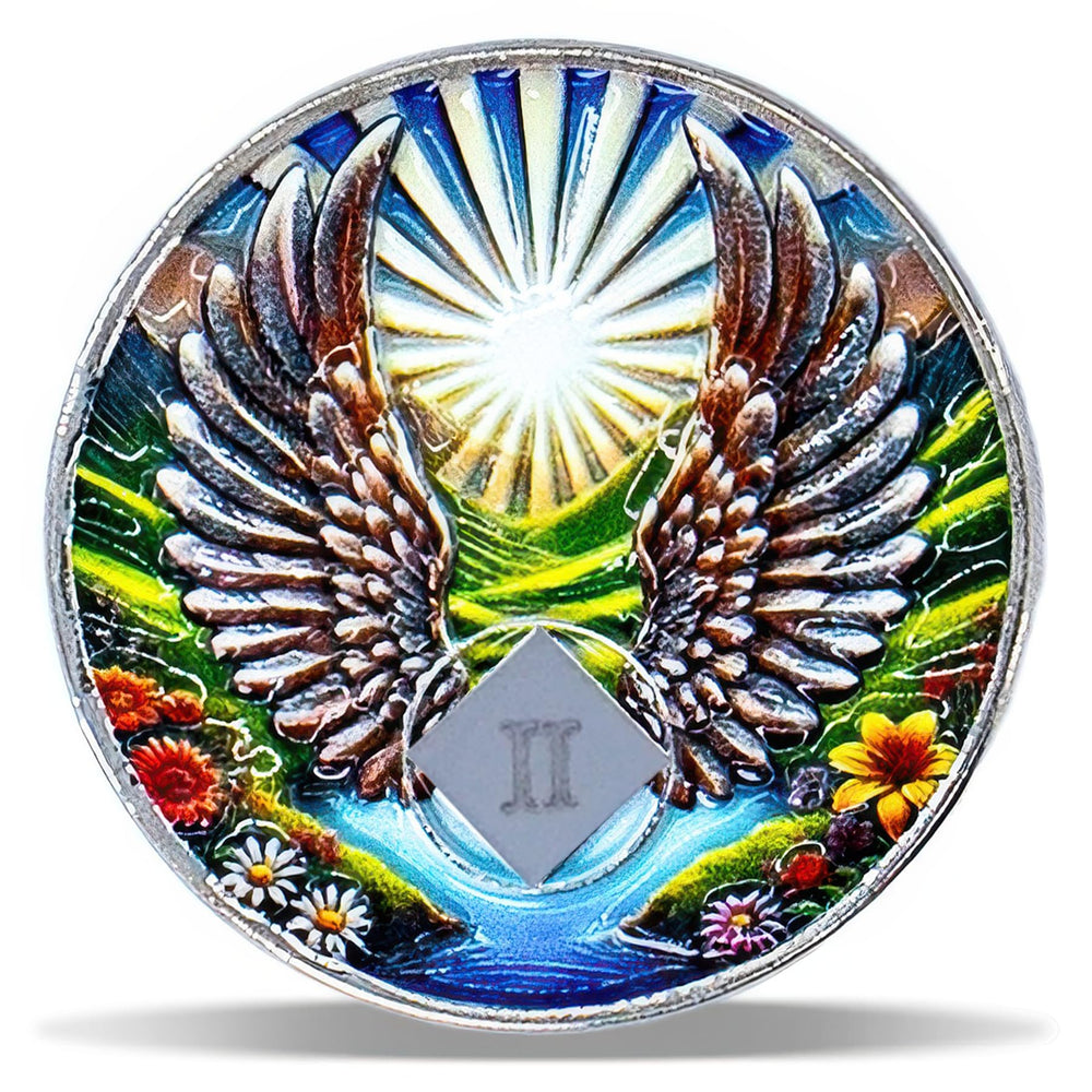 2 Year Angel Wings Sobriety Coin – Radiant Sunrise NA Medallion – Spiritual Token for Recovery & Clean Time – Empowering NA AA Chips – Gift for Men & Women