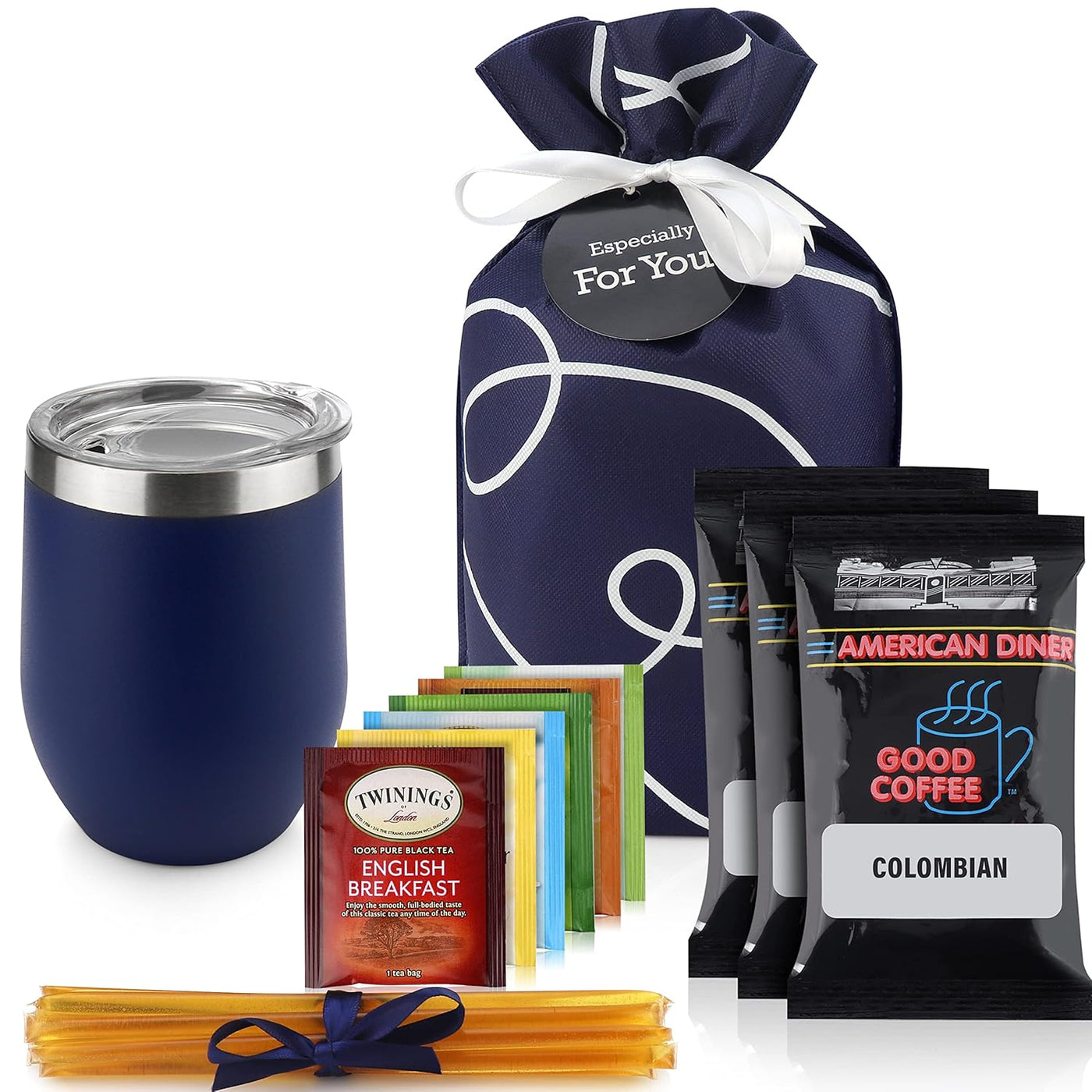 Tea and Coffee Lovers Gift Set - Includes Temperature Retention Cup, 3 Fresh Roasted Full Pot Ground-Coffee Samplers, 6 Special Blend Teabags & Honey Presented in Beautiful Gift Bag For Women & Men