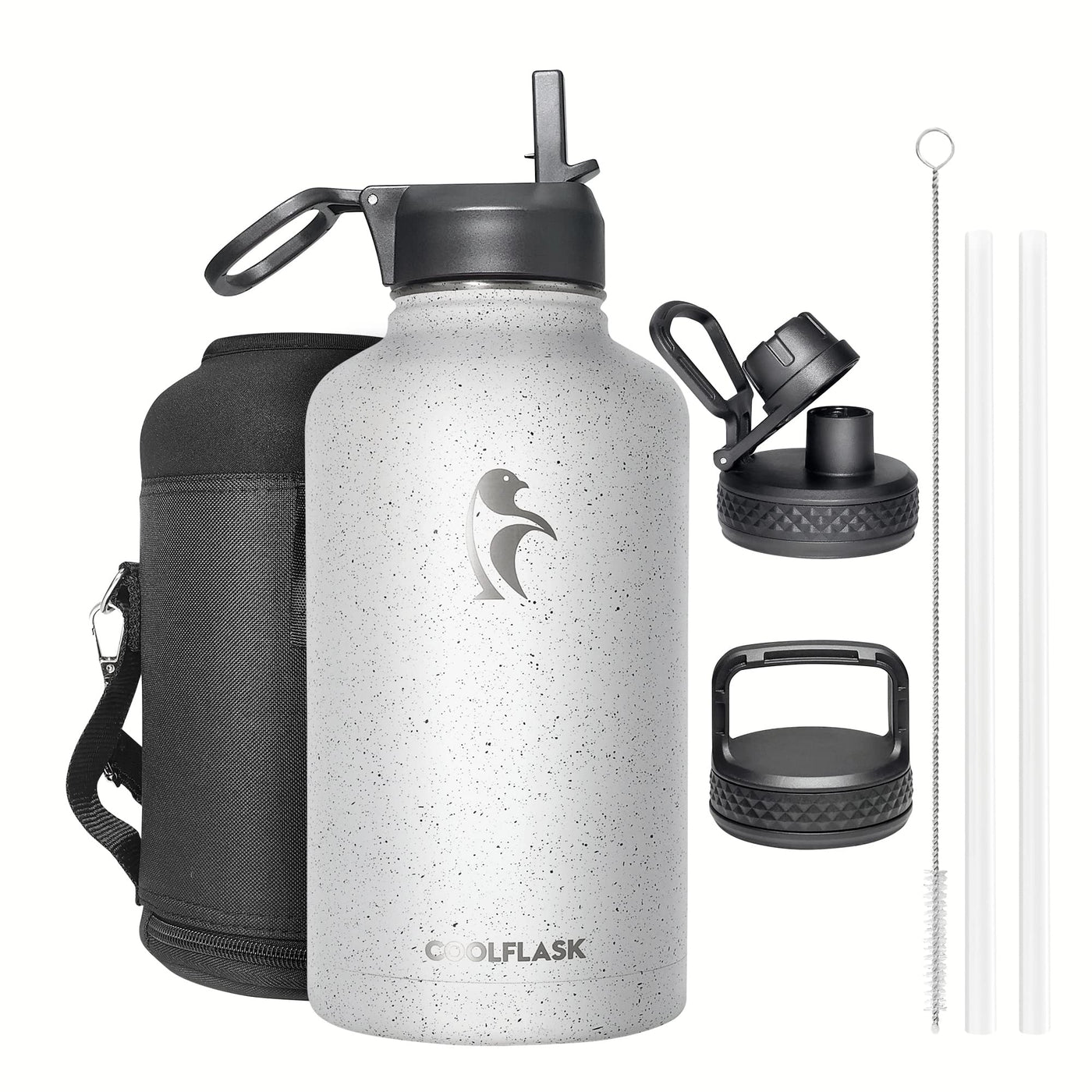 Water Bottle 40 oz Insulated with Straw&Brush, Coolflask Vaccum Stainless Steel Metal 3 Lids Water Flask for Sports, Gym or Office, Keep Cold 48H Hot 24H, Magic Black