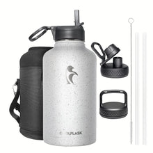 Water Bottle 40 oz Insulated with Straw&Brush, Coolflask Vaccum Stainless Steel Metal 3 Lids Water Flask for Sports, Gym or Office, Keep Cold 48H Hot 24H, Magic Black
