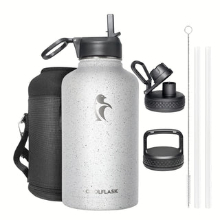 Water Bottle 40 oz Insulated with Straw&Brush, Coolflask Vaccum Stainless Steel Metal 3 Lids Water Flask for Sports, Gym or Office, Keep Cold 48H Hot 24H, Magic Black