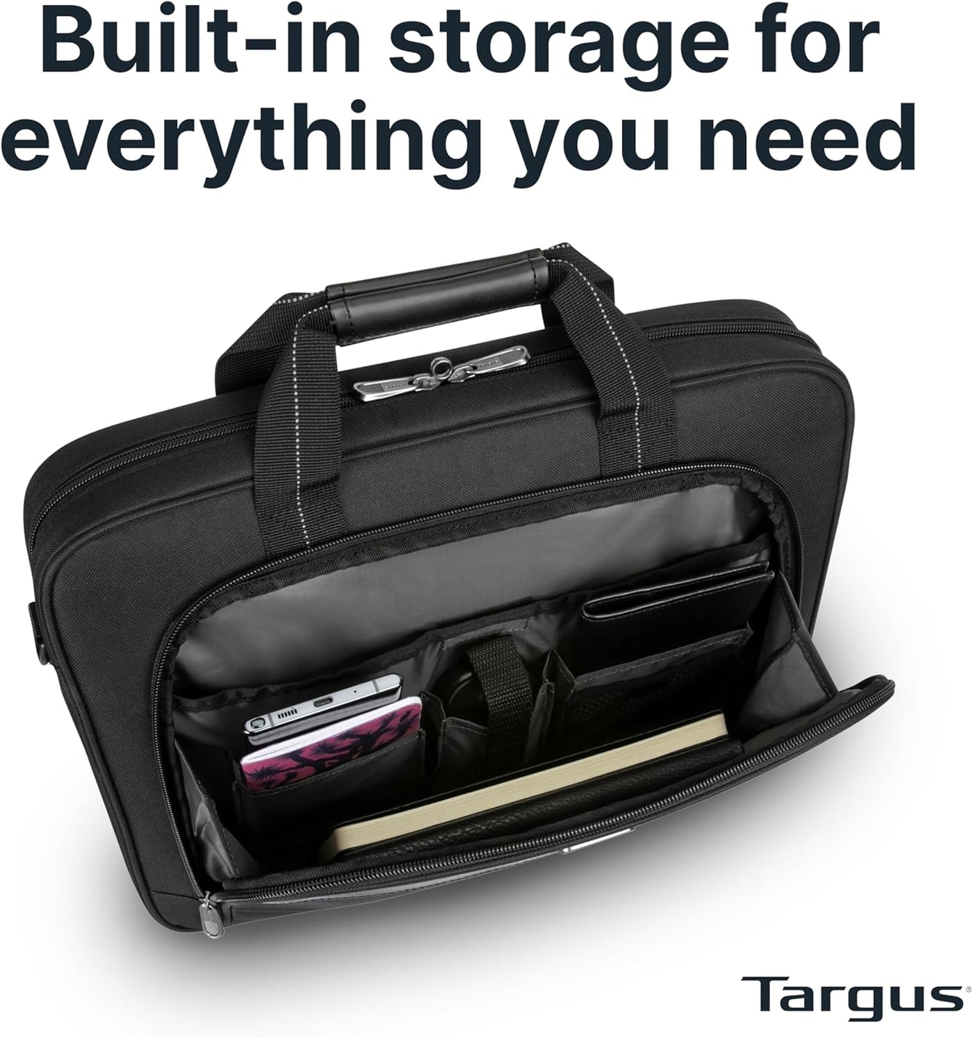 Targus 15-16 Inch Slim Lightweight Laptop Briefcase, Black - Messenger and Shoulder Bag with Padded Compartment and Trolley Strap for 16" Laptops (TCT027US)
