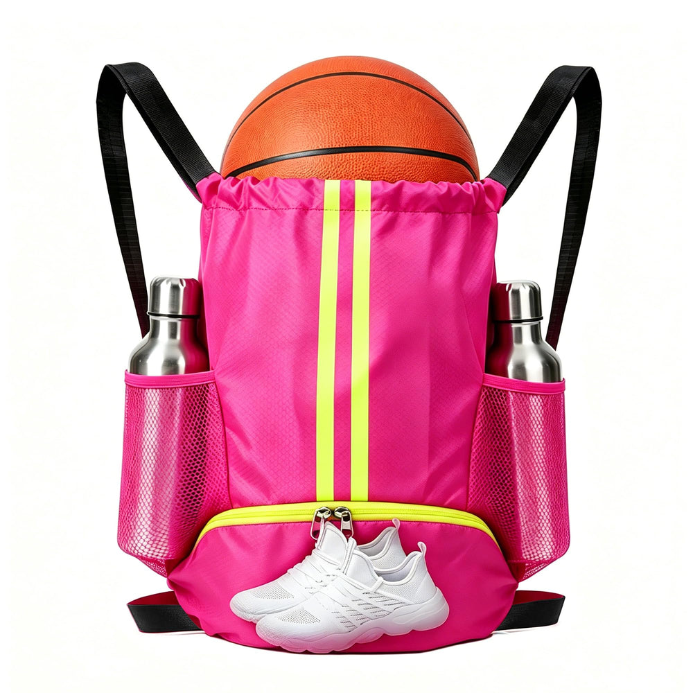 Sports Drawstring Backpack with Shoes Compartment, String Gym Bag with Wet Proof Pocket for Basketball, Soccer, Swim, Black Sport Bag for Men and Women