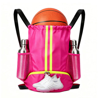 Sports Drawstring Backpack with Shoes Compartment, String Gym Bag with Wet Proof Pocket for Basketball, Soccer, Swim, Black Sport Bag for Men and Women