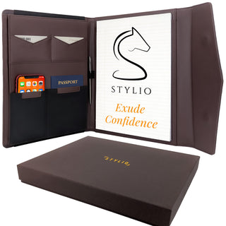 STYLIO Padfolio Portfolio Organizer Binder | Interview Resume Folder, Legal Document, Business Card Holder |w/Letter-Sized Notepad | Handsome Piano Noir Faux Leather Folio Matte Finish, Accent Stitch