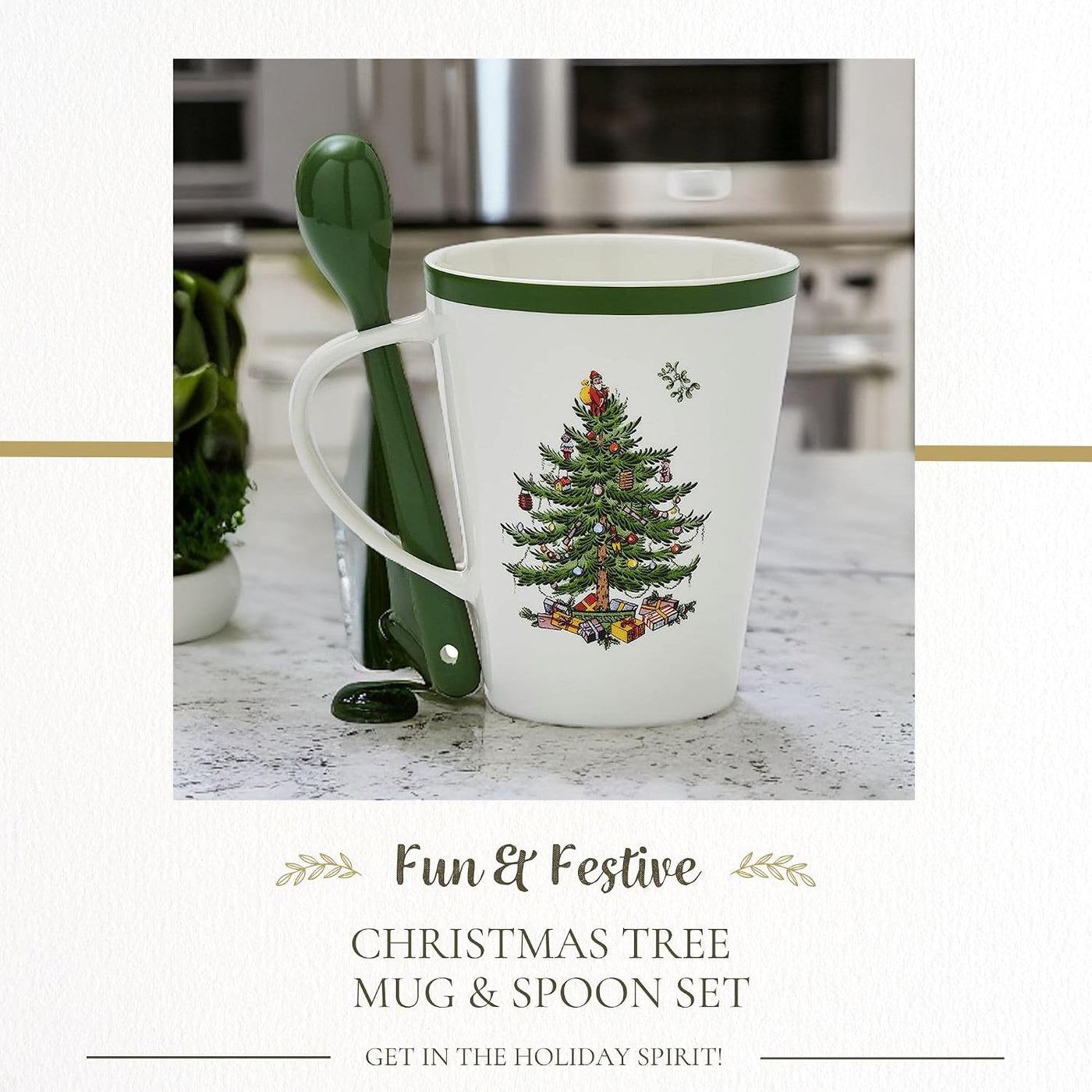 Spode Christmas Tree Mug & Spoon Set, 14 Oz Porcelain Mug for Coffee, Tea, Milk, Hot Cocoa - Festive Gift Box - Dishwasher & Microwave Safe - Holiday Collection Design for Gifting (Christmas Tree)