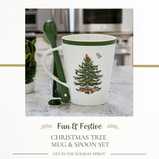 Spode Christmas Tree Mug & Spoon Set, 14 Oz Porcelain Mug for Coffee, Tea, Milk, Hot Cocoa - Festive Gift Box - Dishwasher & Microwave Safe - Holiday Collection Design for Gifting (Christmas Tree)
