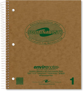 ROARING SPRING Environotes Recycled Spiral Notebook, College Ruled 1 Subject Notebook, 11" x 9", 80 Perforated Sheets, 20 lb Recycled Paper, Double Pocket, 3 Hole Punched, Made in USA