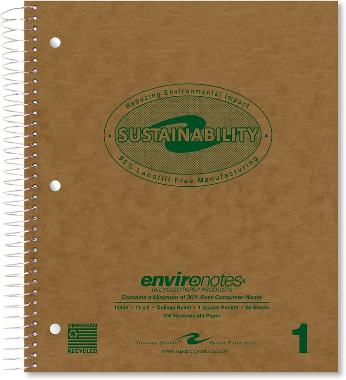 ROARING SPRING Environotes Recycled Spiral Notebook, College Ruled 1 Subject Notebook, 11" x 9", 80 Perforated Sheets, 20 lb Recycled Paper, Double Pocket, 3 Hole Punched, Made in USA