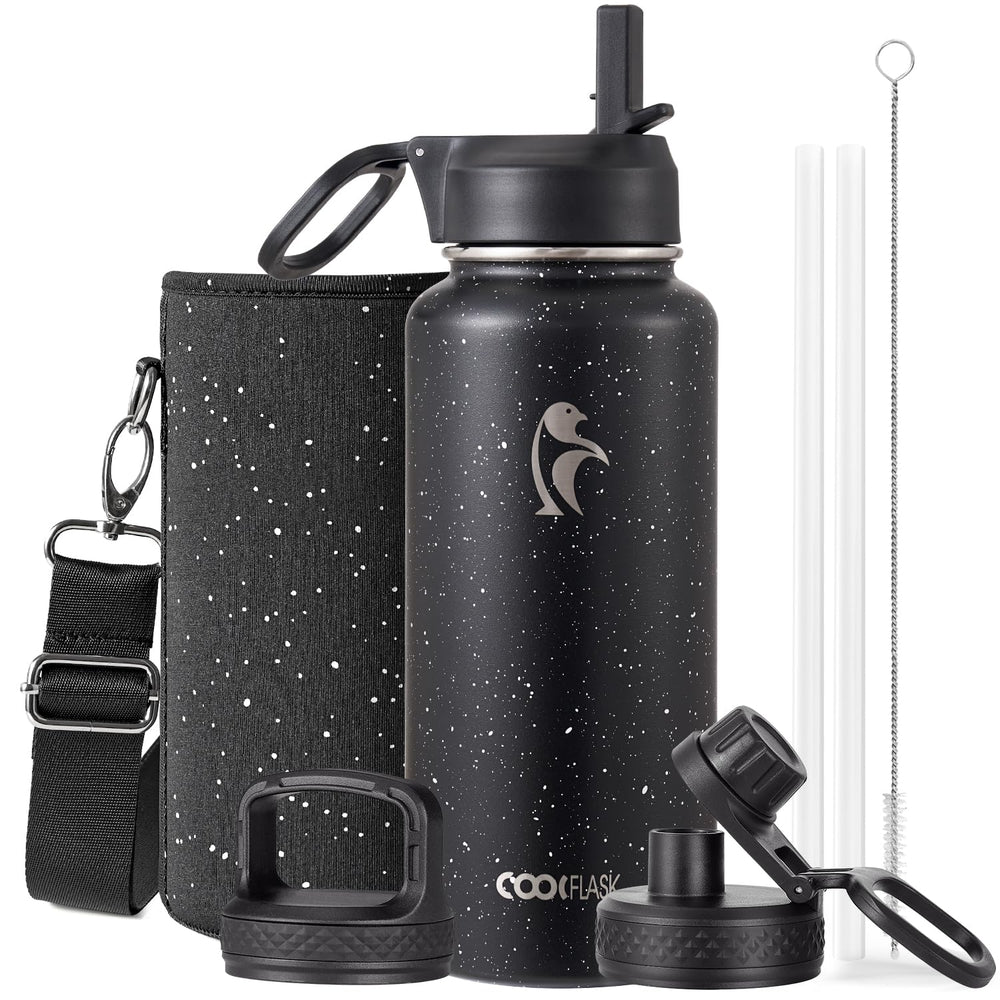Water Bottle 40 oz Insulated with Straw&Brush, Coolflask Vaccum Stainless Steel Metal 3 Lids Water Flask for Sports, Gym or Office, Keep Cold 48H Hot 24H, Magic Black