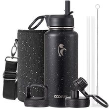 Water Bottle 40 oz Insulated with Straw&Brush, Coolflask Vaccum Stainless Steel Metal 3 Lids Water Flask for Sports, Gym or Office, Keep Cold 48H Hot 24H, Magic Black