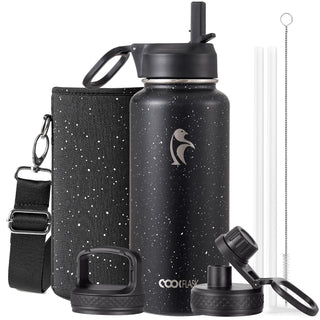 Water Bottle 40 oz Insulated with Straw&Brush, Coolflask Vaccum Stainless Steel Metal 3 Lids Water Flask for Sports, Gym or Office, Keep Cold 48H Hot 24H, Magic Black
