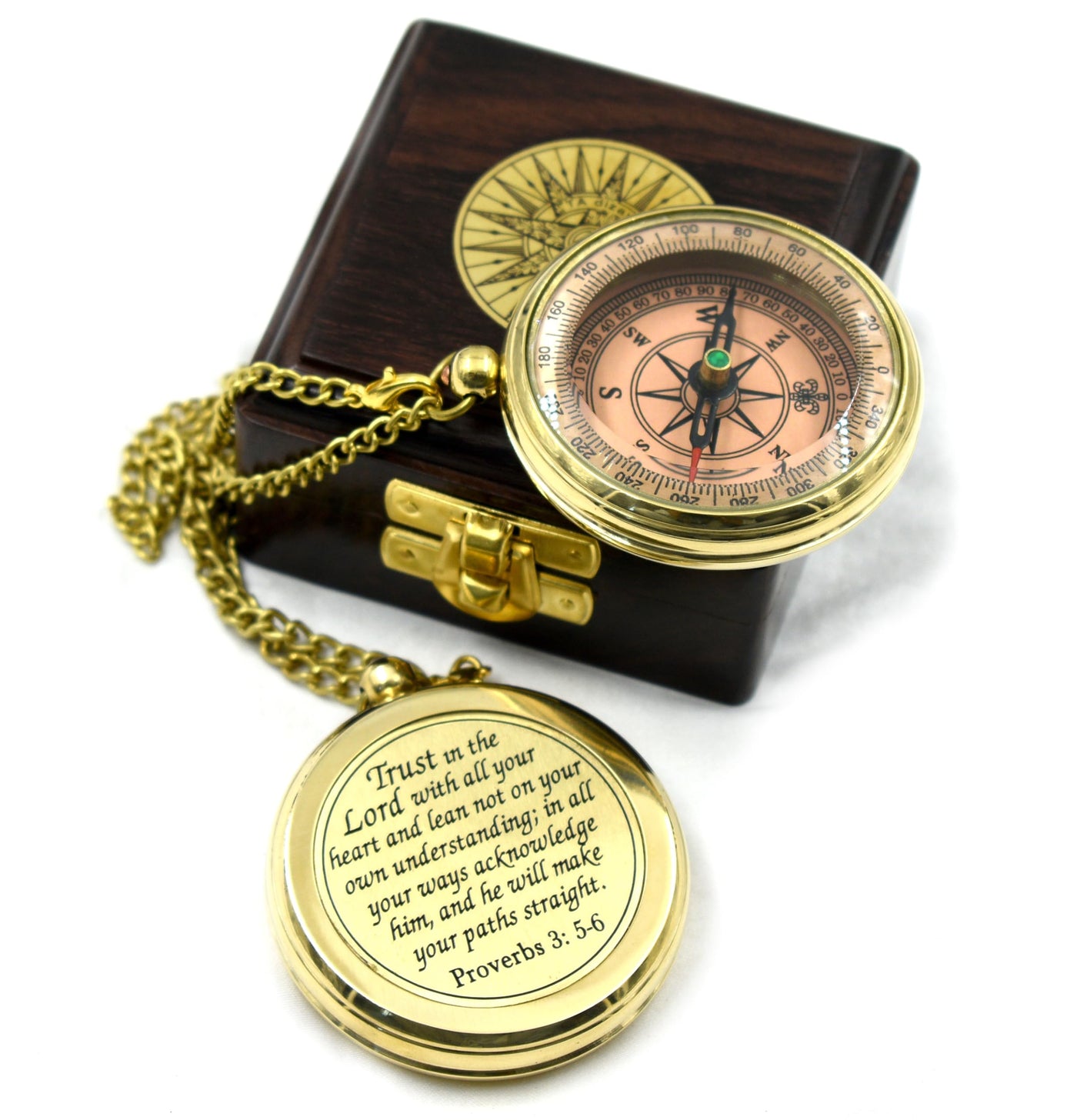 Trust in The Lord With All Your Heart - Proverbs 3:5-6 Quote Engraved Compass With Wooden Box, Greeting Card, Gift Compass, Graduation Day Gifts 2024 for Women Men Boys Girls