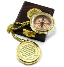 Trust in The Lord With All Your Heart - Proverbs 3:5-6 Quote Engraved Compass With Wooden Box, Greeting Card, Gift Compass, Graduation Day Gifts 2024 for Women Men Boys Girls