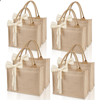 Small 6pcs Burlap Tote Bag Set with Handles, 11*9.45*3.94 Inch Waterproof Reusable Blank Grocery Bags with Ribbon Large Jute Tote for Women Bridesmaid Gift Beach Shopping Wedding Travel DIY