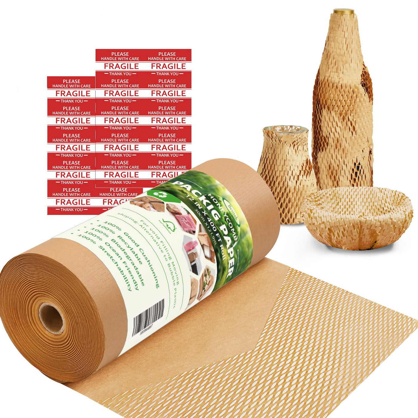 Honeycomb Packing Paper,12 inch x 200 ft Bubble Cushioning Wrap for Packing Moving,Products Gifts Wrapping Paper,Recyclable and Biodegradable Shipping Packing Materials with 20 Fragile Sticker Labels