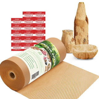 Honeycomb Packing Paper,12 inch x 200 ft Bubble Cushioning Wrap for Packing Moving,Products Gifts Wrapping Paper,Recyclable and Biodegradable Shipping Packing Materials with 20 Fragile Sticker Labels
