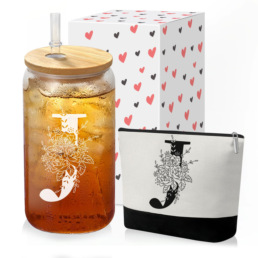 Custom Glass Cup & Makeup Bag Set - Personalized Gifts for Women, Initial 16 oz Glass Tumbler with Lid & Straw, Monogram Makeup Bag - Birthday Gifts For Women, Mother's Day Presents(S)