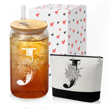 Custom Glass Cup & Makeup Bag Set - Personalized Gifts for Women, Initial 16 oz Glass Tumbler with Lid & Straw, Monogram Makeup Bag - Birthday Gifts For Women, Mother's Day Presents(S)