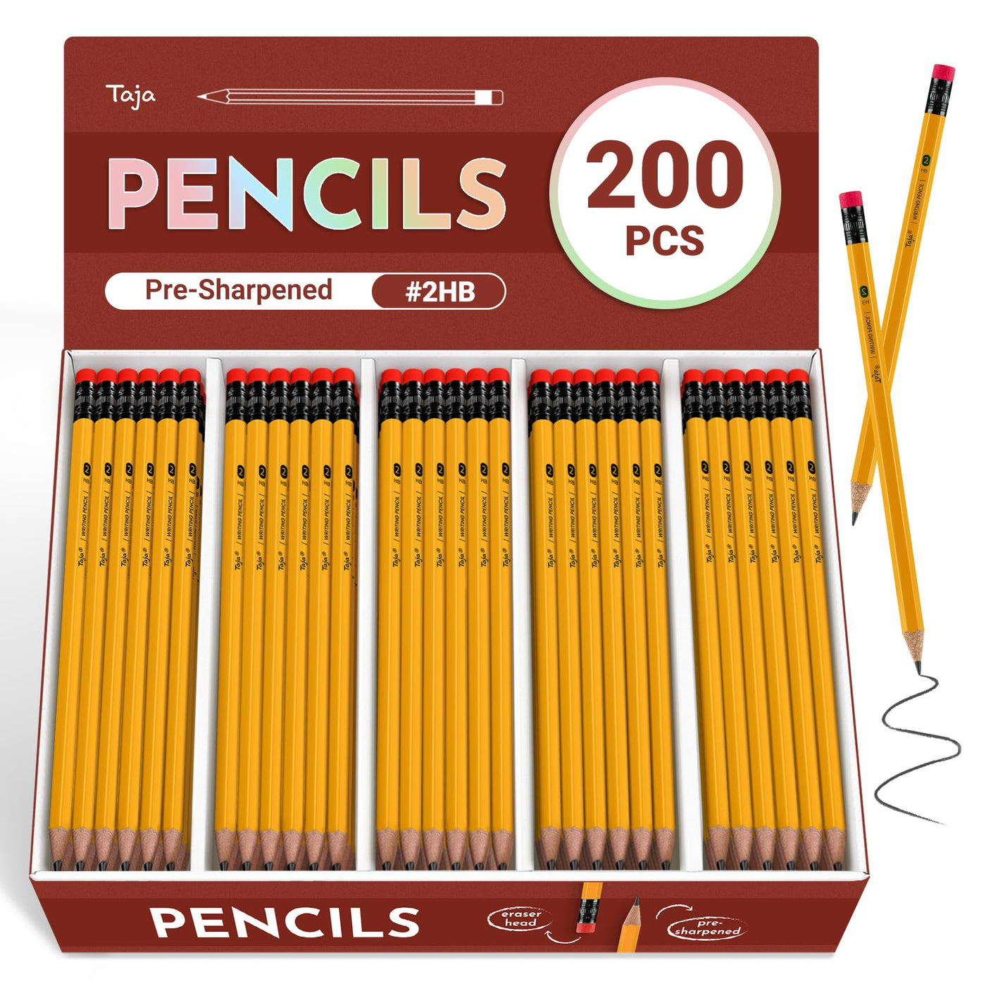 Taja 50 Pack Wood-Cased #2 HB Pencils, Bulk Pre-Sharpened Pencils with Top Erasers, Perfect for School & Classroom Writing and Drawing - Macaron