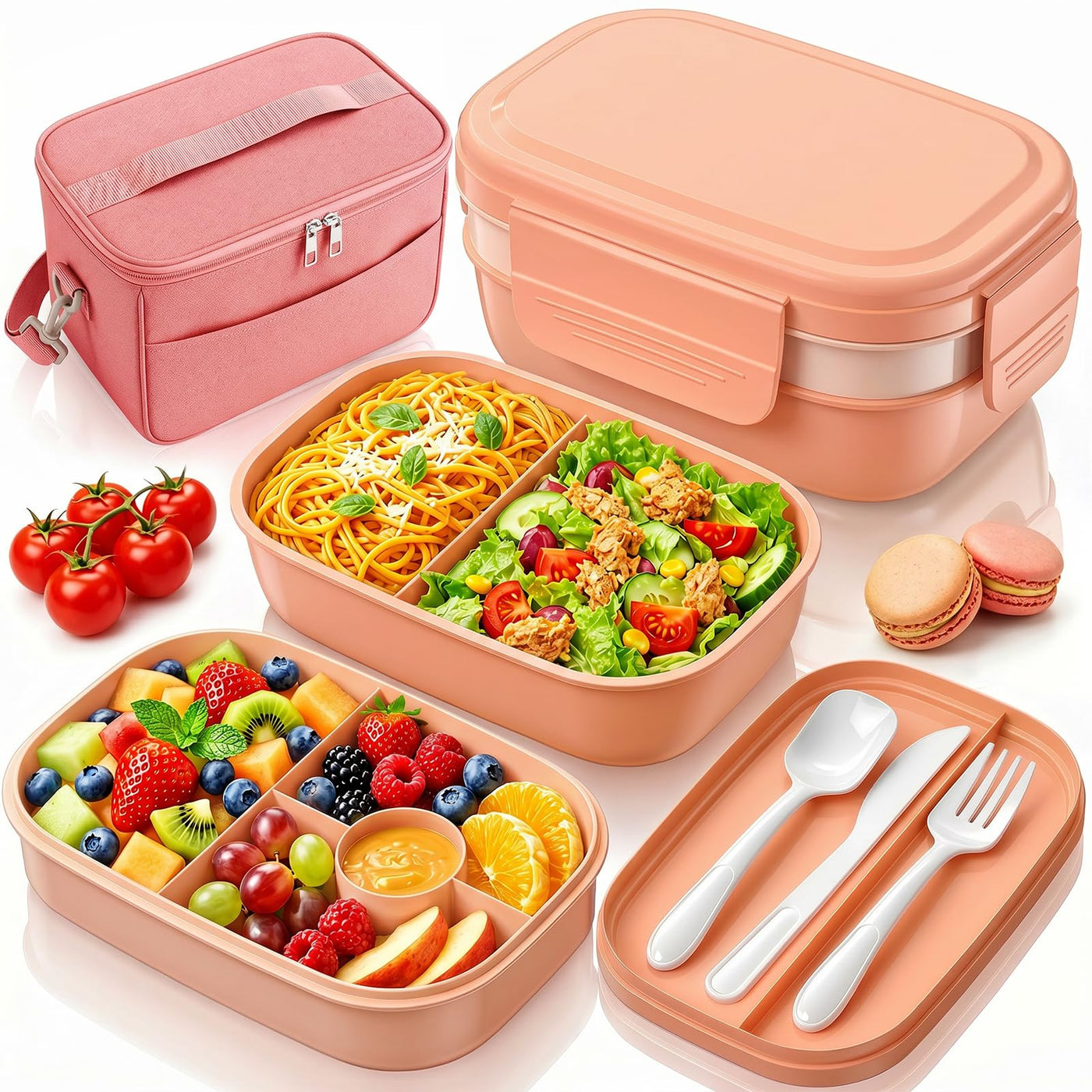 HOMETALL Bento Box Adult with Insulated Lunch Bag - 3 Stackable Leak-Proof Lunch Box Containers for Women & Men - BPA Free Lunchbox with Utensil Set (Spoon, Knife, Fork) for Work, Picnic, Dining Out