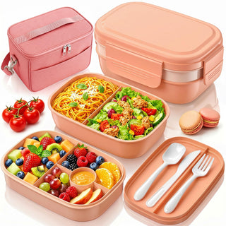 HOMETALL Bento Box Adult with Insulated Lunch Bag - 3 Stackable Leak-Proof Lunch Box Containers for Women & Men - BPA Free Lunchbox with Utensil Set (Spoon, Knife, Fork) for Work, Picnic, Dining Out