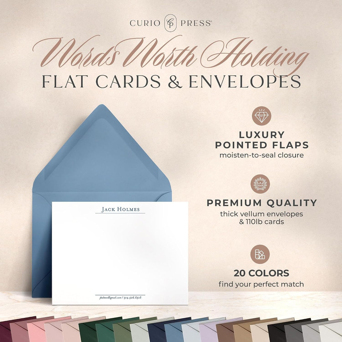 Curio Press Personalized Stationery Note Cards with Envelopes, A2 & A7 Flat Card with Custom Note Cards Name and Contact Info, Personalized Stationary for Men Custom Card - Prestige Flat