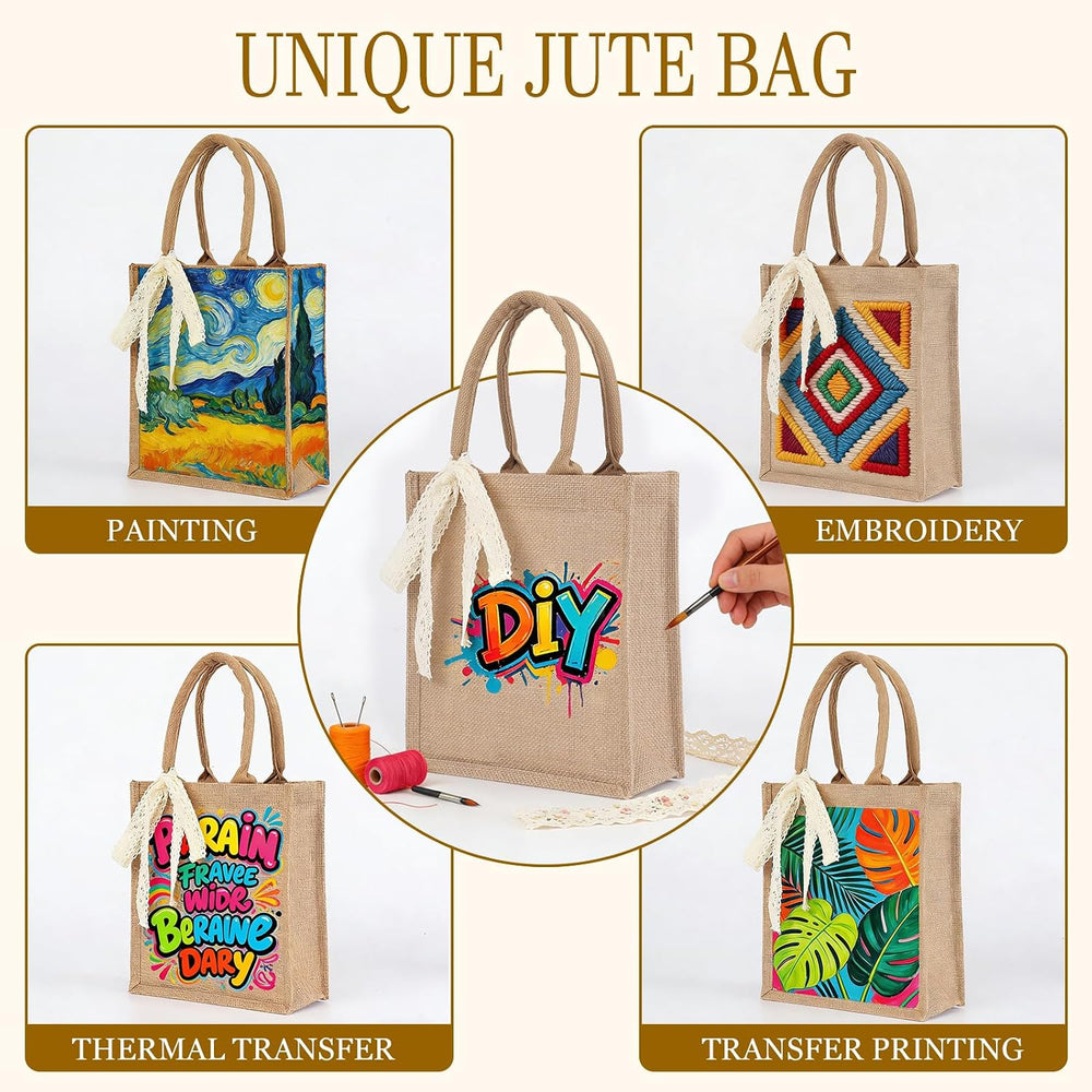 Small 6pcs Burlap Tote Bag Set with Handles, 11*9.45*3.94 Inch Waterproof Reusable Blank Grocery Bags with Ribbon Large Jute Tote for Women Bridesmaid Gift Beach Shopping Wedding Travel DIY