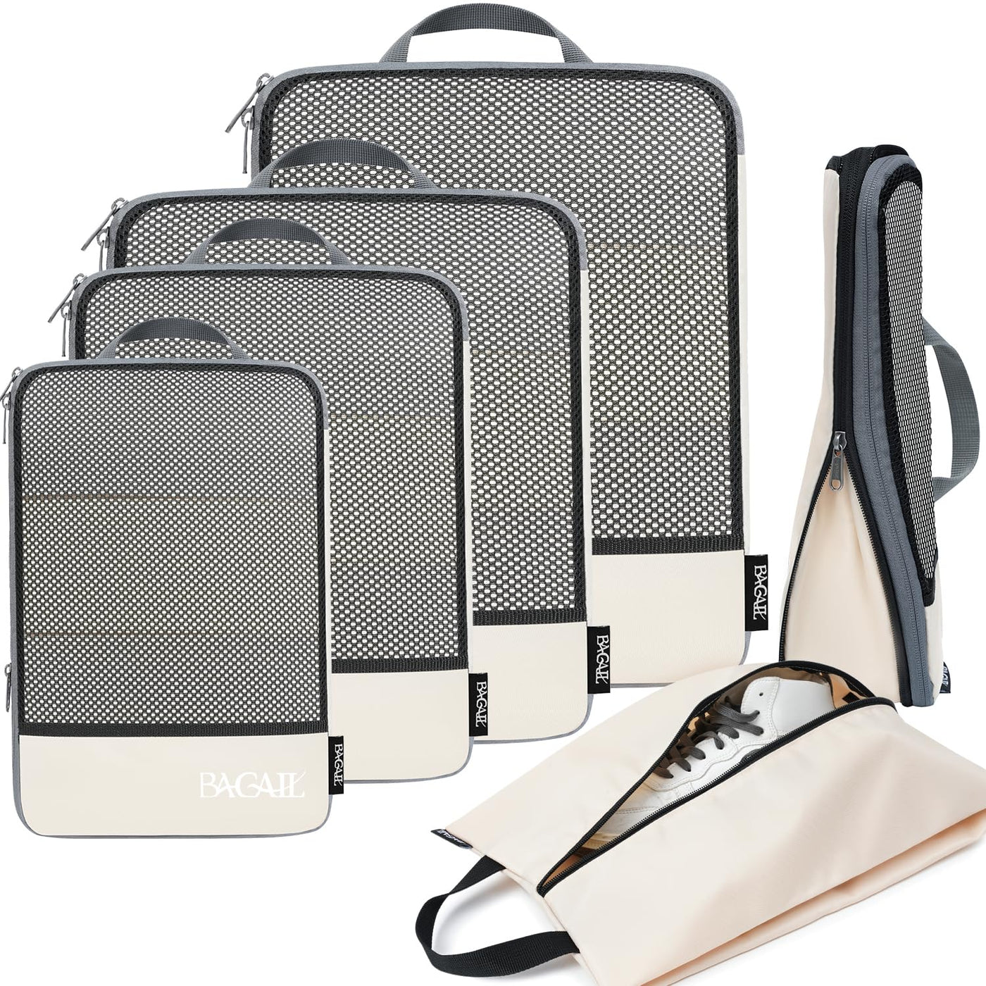 BAGAIL 4 Set/6 Set/8 Set Compression Packing Cubes Travel Accessories Expandable Packing Organizers (Half Mesh, 6-Black)