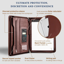Cossini Premium Business Portfolio with Zipper – Padfolio - Superior Business Impressions Begin with PU Vegan Leather, 10.1 Inch Tablet Sleeve, Smart Storage, Solar Calculator, Writing Pad -Brown