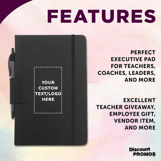 DISCOUNT PROMOS Custom Executive Notebooks with Pen Pack of 10/50/100 Personalized Text, Logo - 6 x 8.5 inches, Recycled, Pen Loop, Closure Strap - Black - hover image