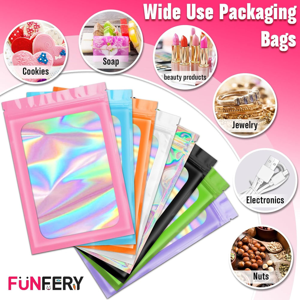 Funfery 300 Pack 3 Size Mylar Holographic Bags with Clear Window,Resealable Bag Smell Proof Bags Zipper Foil Baggie Packaging Pouch for Food Storage,Sample,Small Business(Black,3x4.7,4x6,4.7x7.9in)