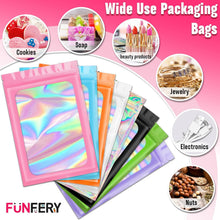 Funfery 300 Pack 3 Size Mylar Holographic Bags with Clear Window,Resealable Bag Smell Proof Bags Zipper Foil Baggie Packaging Pouch for Food Storage,Sample,Small Business(Black,3x4.7,4x6,4.7x7.9in)