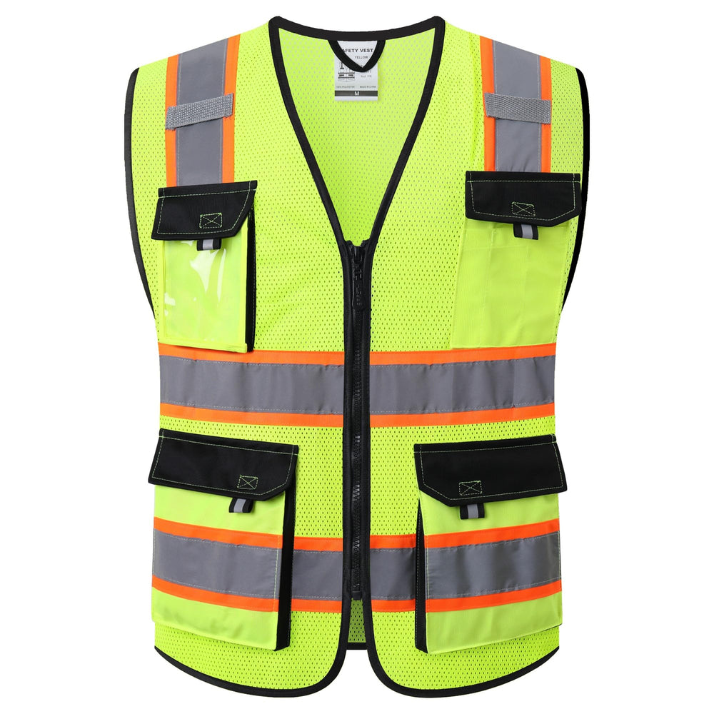 JKSafety Hi Vis Reflective Safety Vests for Men Women High Visibility Vest with Pockets Mesh Fabric Construction Safety Apparel Neon Vest for Work (220-Black L)