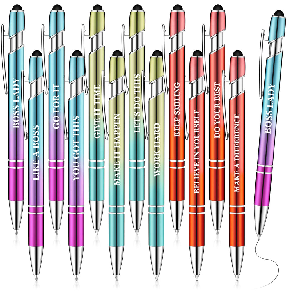 Zonon 12 Pcs Inspirational Pens Gift Set Funny Ballpoint Pen with Stylus Tip Motivational Graduation Gifts Bulk for Teacher Coworkers Nurse School Office Supplies(Morandi,Boss Lady)