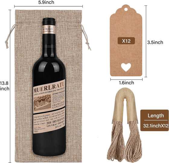 Sailup Burlap Wine Bags 12 Pcs Wine Bottle Gift Bags With Drawstrings Tags & Ropes, Reusable Gift Bag for Weddings, Holiday Party Birthdays, Christmas, Travel, Blind Tastings, Home Storage 750ml - hover image