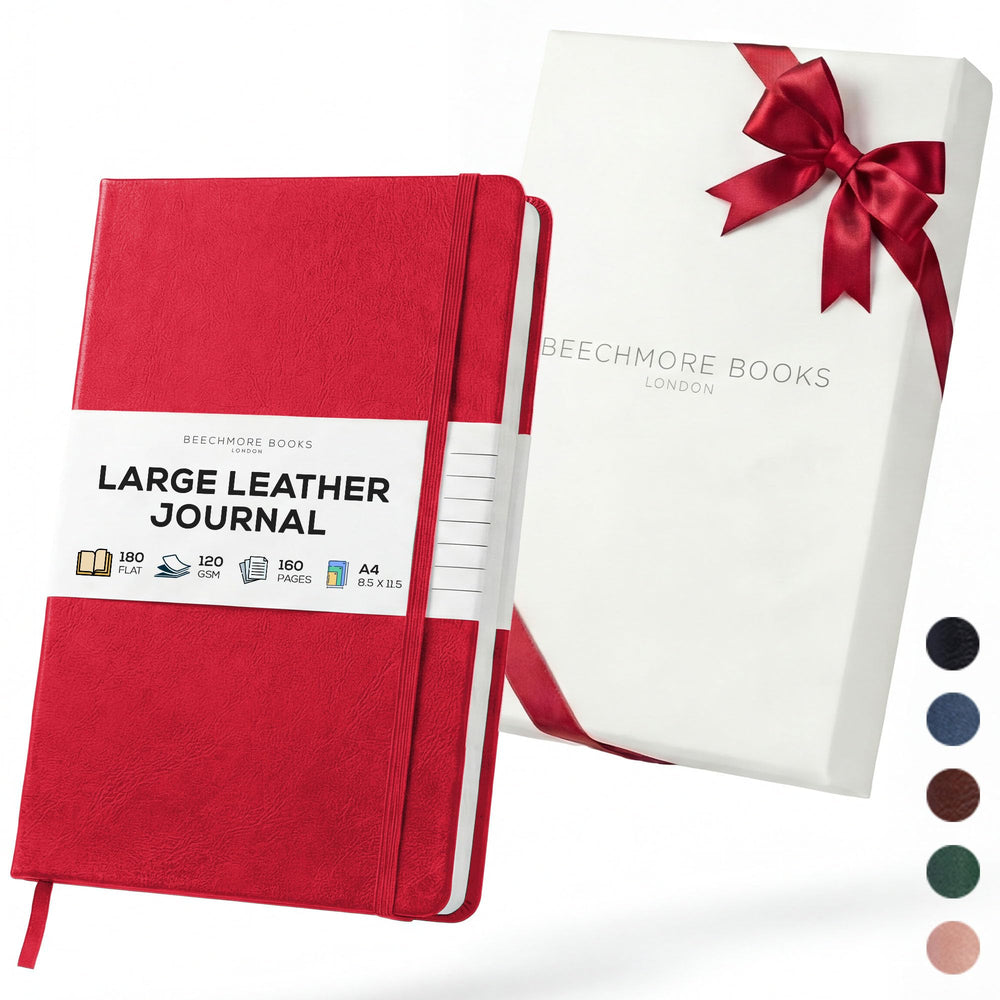 BEECHMORE BOOKS Premium Lined Leather Journal for Men & Women, 5" x 8" (A5) Thick 120gsm Ivory Cream Paper Notebook, Hardcover Vegan Leather Personal Diary, With Gift Box (Chestnut Brown)
