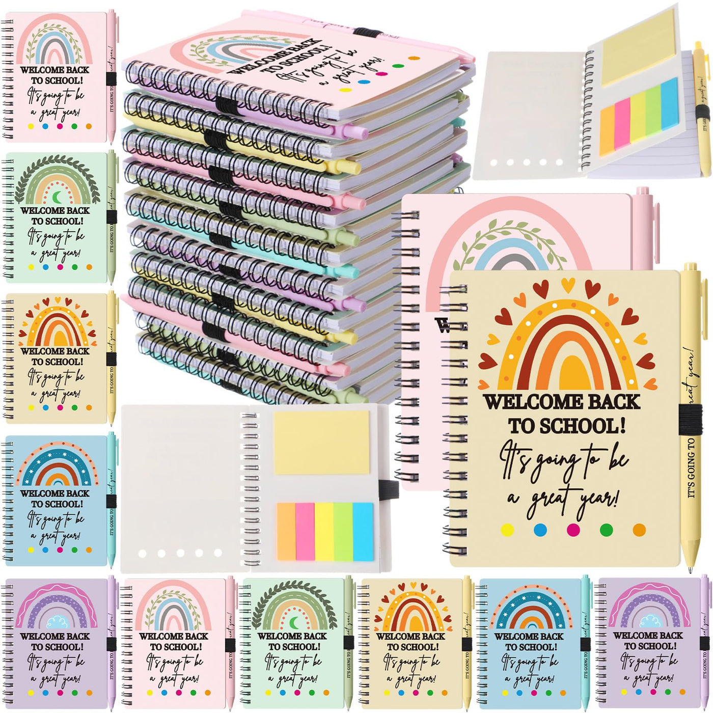 Dunzoom 40 Pcs Welcome Back to School Gifts Bulk Spiral Notebooks with Sticky Notes Motivational Pens First Day of School Notepads Party Favor for Teacher Student Classroom(Terrazzo Tones,Multicolor)